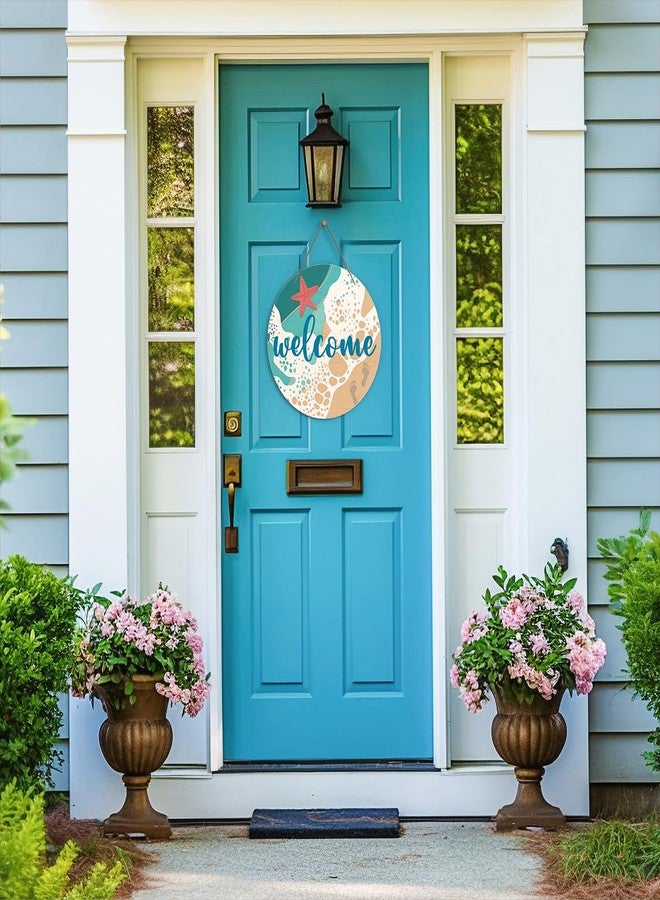 Zmyollo Round Welcome Decorative Sign, Beach Wall Sign, Summer Wooden Hanging Sign With Rope, Beach Wall Art Decoration for Farmhouse, Summer Gifts for Family Friends Colleagues, A02 - Image 3